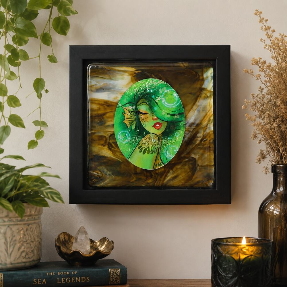 Original Framed Mermaid Mixed Media Art | Hand-Poured Acrylic Hand Drawn Siren